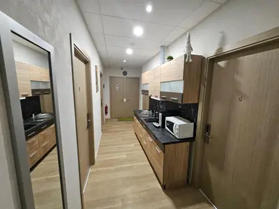 a kitchen with a sink and a microwave at Kauno apartamentai in Kaunas