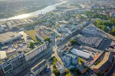 an aerial view of a city with a river at Apartments in Kaunas city centre with Jacuzzi bath in Kaunas