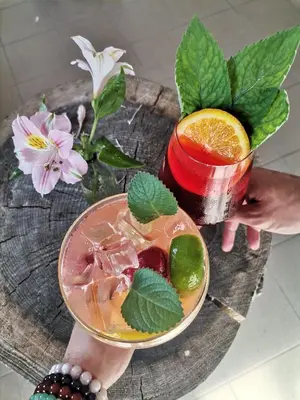 a person holding a drink on a wooden table at Natur Camp Birštonas Small Cabins in Birštonas