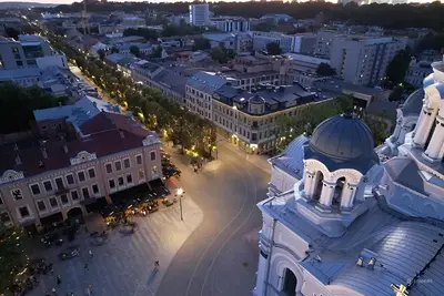 an aerial view of a city at night at Old Town - Bajor Studios - Self Check-in and Parking in Kaunas
