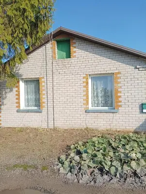 a brick house with two windows in a yard at Via baltica in Degėsiai
