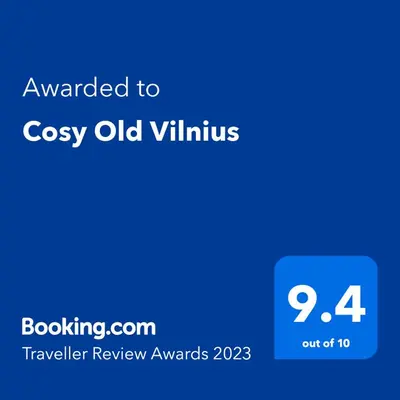 a blue screen with the text awarded to cosy old villums at Cosy Old Vilnius in Vilnius