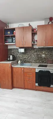 a kitchen with wooden cabinets and a stove top oven at Honey Apartament in Druskininkai