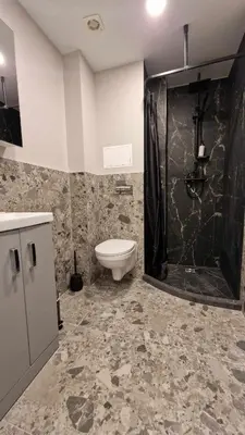 a bathroom with a toilet and a shower with a sink at Trumpalaikė butų nuoma Kaune prie Klinikų SELF CHECK-IN in Kaunas
