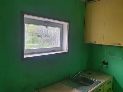 a green kitchen with a sink and a window at Hostelis in Rudamina