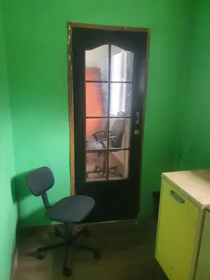 a door with a chair in a green room at Hostelis in Rudamina