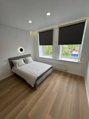 a bedroom with a bed and two windows at 5 New Airport Apartment in VNO