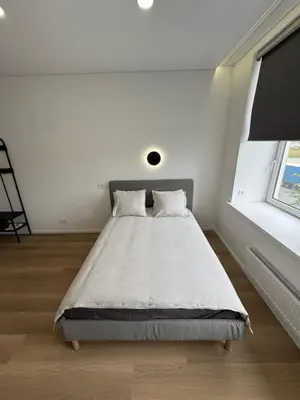 a bedroom with a large bed in a white room at 9 New Airport Apartment in VNO