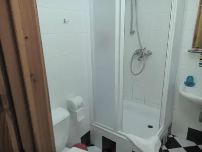 a bathroom with a shower and a toilet and a sink at Litinterp in Vilnius