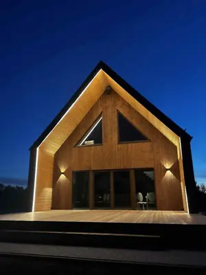 a timber clad house with a triangular roof at Baltasis beržas
