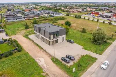 an aerial view of a house with a parking lot at Studija 17 rooms II in Kaunas
