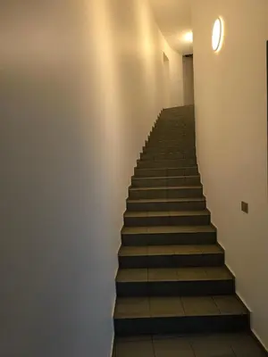 a stairway leading up to a building with a stair case at Apartamentai1 in Utena