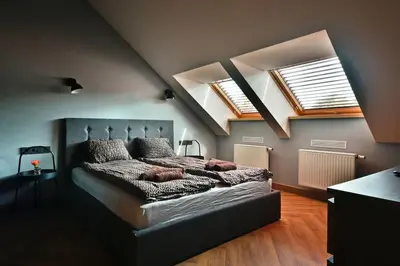 a bedroom with a bed and two skylights at Domillion New Modern Old town apt 16 ppl U2C1 in Vilnius