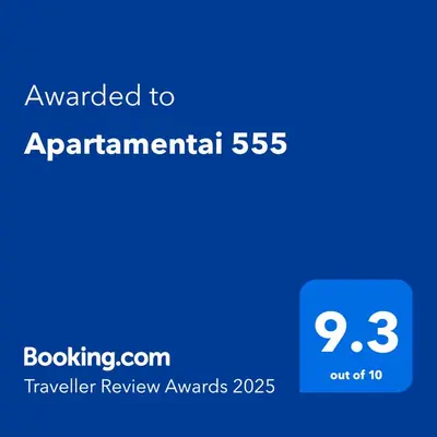 a blue screen with the text awarded to apartmentarian at Apartamentai 555 in Vilnius
