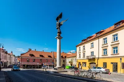 a statue on a pole in the middle of a street at Angel House Vilnius 29 in Vilnius