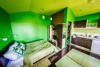 a green room with a bed and a kitchen at VIP Green House of Hope for 2 in Leliūnai