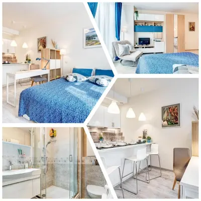 a collage of photos of a bedroom and a bathroom at HaPPy INN Studio Historic center, Self check-in, AC, Parking in the undergrnd Garage, in Vilnius