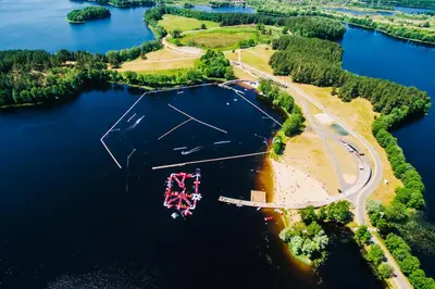 an aerial view of an island in a lake at Pas Romaną in Zarasai
