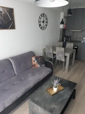a living room with a couch and a table at Bruklinas in Šiauliai