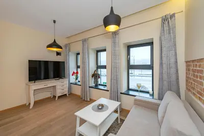 a living room with a couch and a tv at Deluxe river view apartment by Polo Apartment in Kaunas